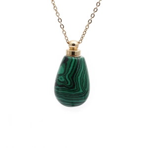 Green teardrop malachite perfume bottle pendant necklace with gold chain and texture