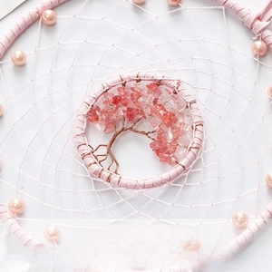 Pink Rose Quartz Tree of Life dream catcher wind chime with feathers for home decoration