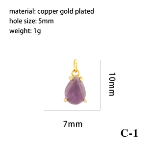 Detail view of purple teardrop gemstone pendant in 18K gold plated copper with dimensions