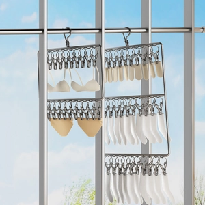 Stainless Steel Sock Drying Rack With Windproof Hook Multi-Clip Hanger For Underwear Bras Towels Space Saving Laundry