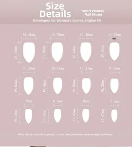Tableau des tailles pour faux ongles courts amande avec 12 dimensions détaillées