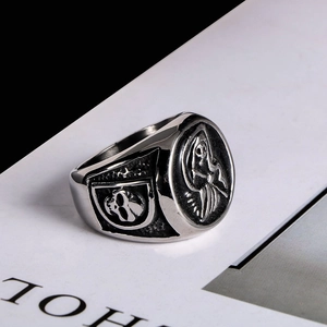 Retro stainless steel signet ring for men featuring relief skull and grim reaper design
