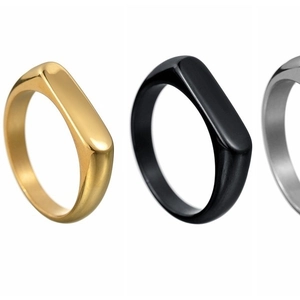 Minimalist stainless steel signet rings for women in gold, silver, and black colors