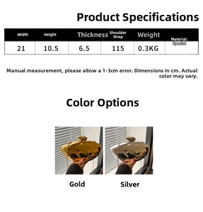 Size chart showing 21x10.5x6.5cm dimensions for the acrylic mango evening clutch bag