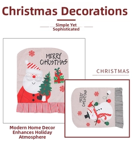 Detail of linen Christmas chair covers with Santa and Snowman prints for festive dining