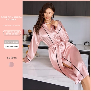 Damen Langer Satin Bademantel Imitation Satin Langarm Bindegürtel Kontrastpaspel V-Ausschnitt Nachtwäsche Elegant