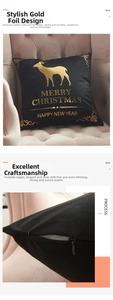 Detail of Christmas pillow cover showing gold foil elk and hidden zipper on black velvet