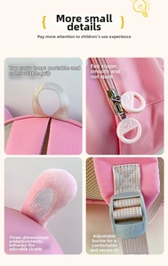Detail view of pink squirrel backpack showing soft rabbit ears and smooth zipper pulls