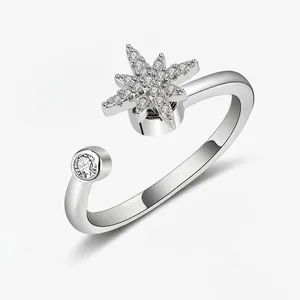 Rotating Snowflake Spinner Ring Zirconia Adjustable Copper Open Ring For Anxiety Stress Relief Individual Trend Women Jewelry