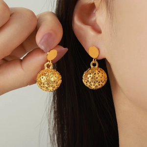 British style geometric hollow gold sphere stud earrings with embedded zircon accent