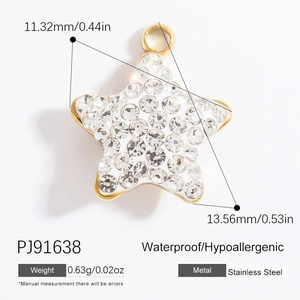 Macro detail of star pendant in gold stainless steel with sparkling crystals and size specs