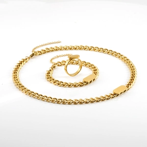 18K gold plated stainless steel Cuban chain jewelry set with necklace, bracelet and ring