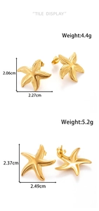 Detailed view of gold starfish earrings showing size measurements and textured surface