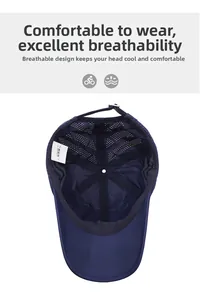 Close-up of the breathable mesh interior and adjustable strap of a navy baseball cap