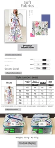 Detaillierte Größentabelle für korallenrotes Blumenkleid mit Maßen und Stoffspezifikationen
