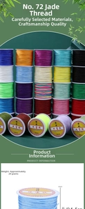 Detailed view of color 72 jade thread rolls with weight and dimension specifications