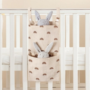 Baby Crib Hanging Organizer Bag Cotton Muslin Gauze Multi Pocket Storage For Diapers Toys Nursery Bedside Pouch