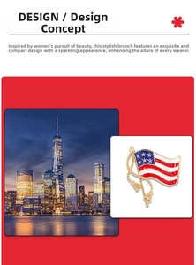 Detailed view of US flag brooch with golden tassels and red white blue enamel finish
