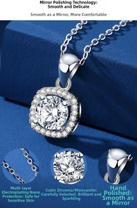 Macro shot showing square halo pendant detail with polished silver mirror finish