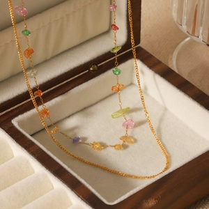 Chic 18K gold plated stainless steel double layer necklace with colorful natural crushed stones