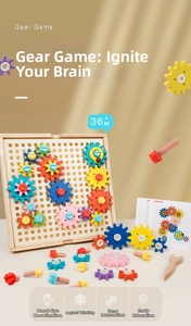 Detailed view of colorful plastic gears and wooden base for children's educational puzzle