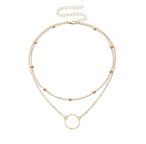 Double layer rose gold alloy necklace with bead chain and hollow circular pendant detail