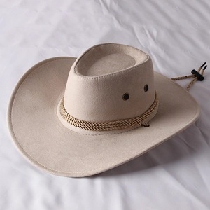 Detail view of beige faux suede cowboy hat with braided cord and metal ventilation eyelets