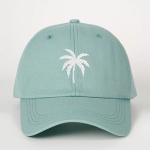 Mint green baseball cap with white palm tree embroidery and adjustable cotton twill strap