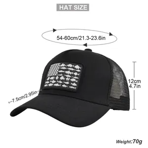 Detailed size chart for American flag mesh trucker hat showing dimensions and weight