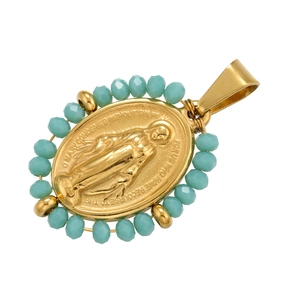 Détail du pendentif Marie plaqué or 18K avec perles turquoise et prière gravée