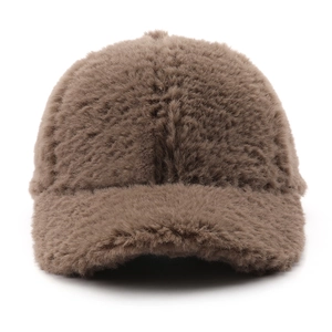 Solid coffee brown plush baseball cap with fluffy faux fur texture for winter warmth