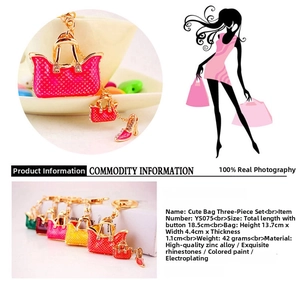 Detail showing colorful handbag and high heel metal charms with sparkling rhinestones