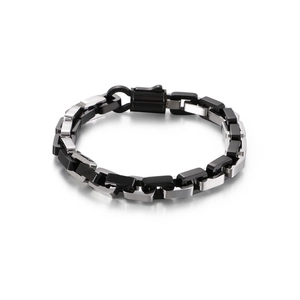 Punk style men's stainless steel bracelet with silver and black interlocking links