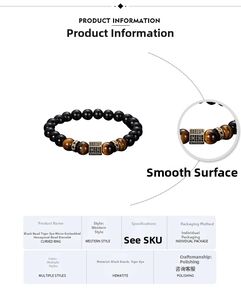 Detail showing matte black beads and tiger eye stones with micro-inlaid hexagonal spacer