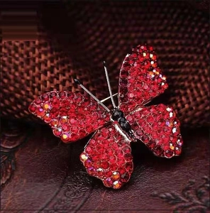 Macro shot of colorful butterfly brooch featuring red rhinestones and alloy frame detail
