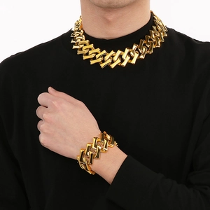 Ensemble collier et bracelet maille cubaine épaisse 32mm en acier inoxydable doré brillant