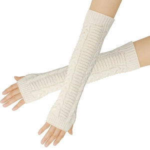 Knitted long fingerless gloves in cream white cable knit pattern for women's arm warming
