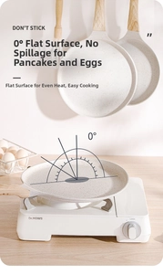 Detail of non-stick flat frying pan with 0-degree surface and wood-texture handle