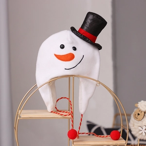 Cute white plush snowman Christmas hat with black top hat and red braided pompom ties
