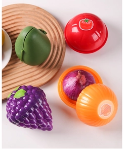 Fruit and vegetable shaped plastic storage containers set including onion and tomato
