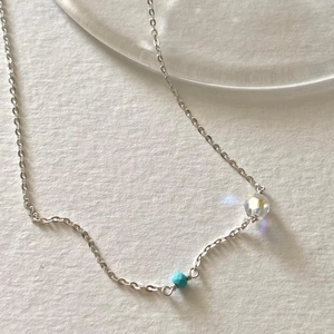 Minimalist 925 sterling silver chain necklace with turquoise bead and clear zircon crystal