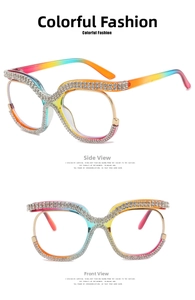Close-up of rainbow gradient oversized glasses frame with sparkling rhinestone inlay details