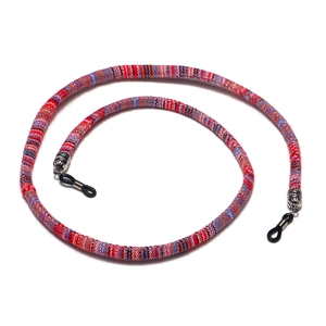 Ethnic woven glasses cord in colorful patterns with anti-slip rubber loops and metal hooks