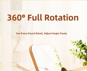 Detail of 360-degree rotating wooden makeup mirror with adjustable swivel bracket