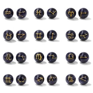 Blue Sandstone Beads Gold Constellation Zodiac Sign Round Loose Starry Beads For DIY Jewelry Making Bracelet