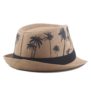 Men's straw fedora hat with palm tree prints and black decorative band for beach summer