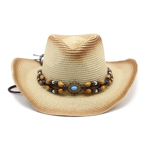 Western style woven cowboy straw hat with gradient paint and ethnic bead headband decoration