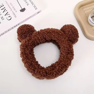 Plush brown bear ear headband for face washing, soft fuzzy hairband for women