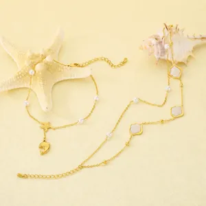 Tobillera de Acero Inoxidable Serie Marina Océano para Mujer Colgante de Estrella de Mar Delfín Concha Bañado en Oro Tobillera de Diamantes de Imitación y Perlas Artificiales Joyería Playa Verano