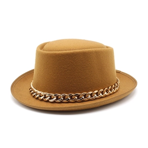 Chic yellow wool pork pie hat for women featuring a gold acrylic chain decoration
